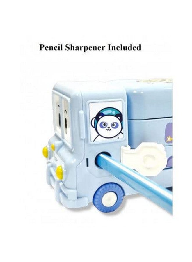 ALMOSTHERE® Cartoon Printed Bus Geometry Box Double Compartment Metal Body Pencil Case Pen Pencil Holder with Sharpener and Moving Tyres Like Bus Metal Pencil Box (Space Bus Light Blue) - Image 5