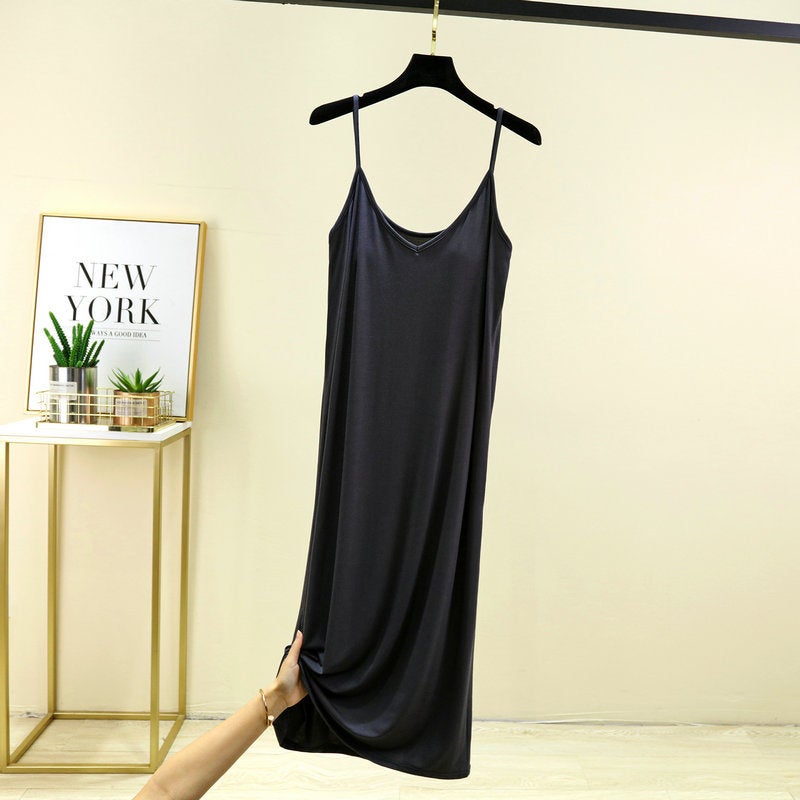 Womens One-piece V-neck Sling Base Skirt with Chest Pad Summer Long Nightgown Home Skirt Outer Wearing Dress dark gray 