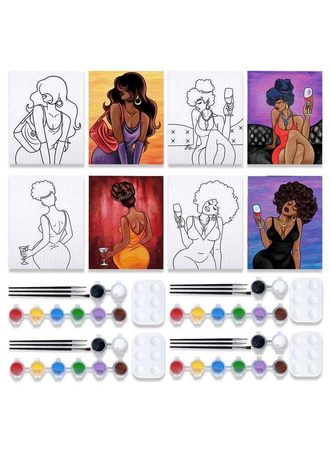 VOCHIC 4 Pack Canvas Painting Kit Pre Drawn Canvas for Painting for Adults Party Kits Paint and Sip Party Supplies 8x10 Canvas to Paint 8 Acrylic Colors,3 Brush,1 Pallet Chic Girl Art Set - Image 1