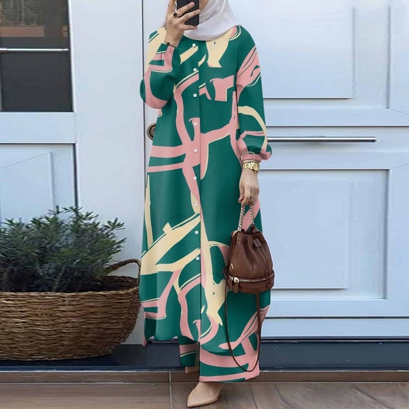 H715 Muslim Womens Fashion Floral Print Two Piece Set Spring Autumn Clothing Vintage Long Shirt Wide Leg Pants Set Black - Image 2