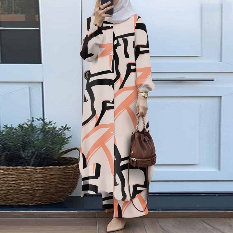 H715 Muslim Womens Fashion Floral Print Two Piece Set Spring Autumn Clothing Vintage Long Shirt Wide Leg Pants Set Black - Image 3