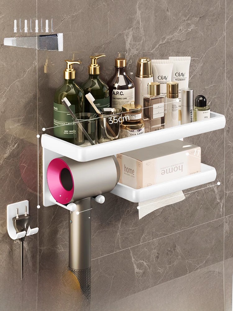 Hair dryer storage rack punch-free bathroom wall-mounted hair dryer bracket bathroom hair dryer storage rack rack([With tissue box] space aluminum elegant White) - Image 1
