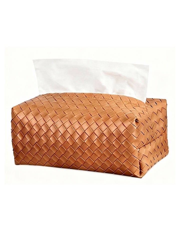 علبة مناديل من جلد صناعي منسوج، غطاء لحامل المناديل مع صينية تنظيم للطاولة في المنزل والمكتب والسيارة والحمّام، لون بني قهوة - Image 1