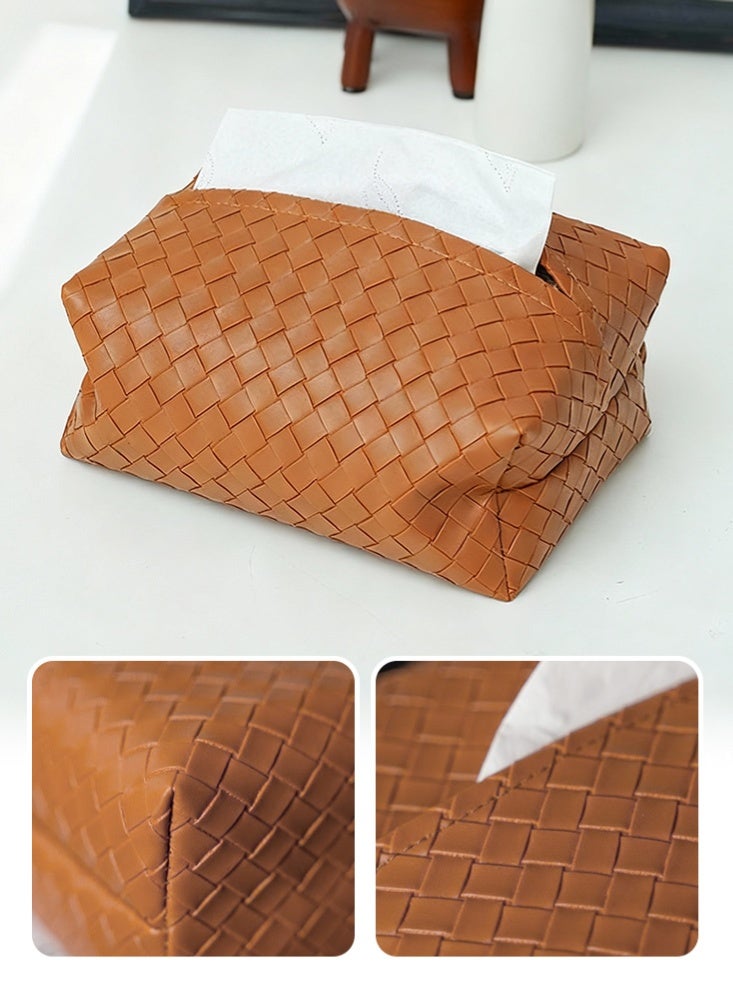 علبة مناديل من جلد صناعي منسوج، غطاء لحامل المناديل مع صينية تنظيم للطاولة في المنزل والمكتب والسيارة والحمّام، لون بني قهوة - Image 2