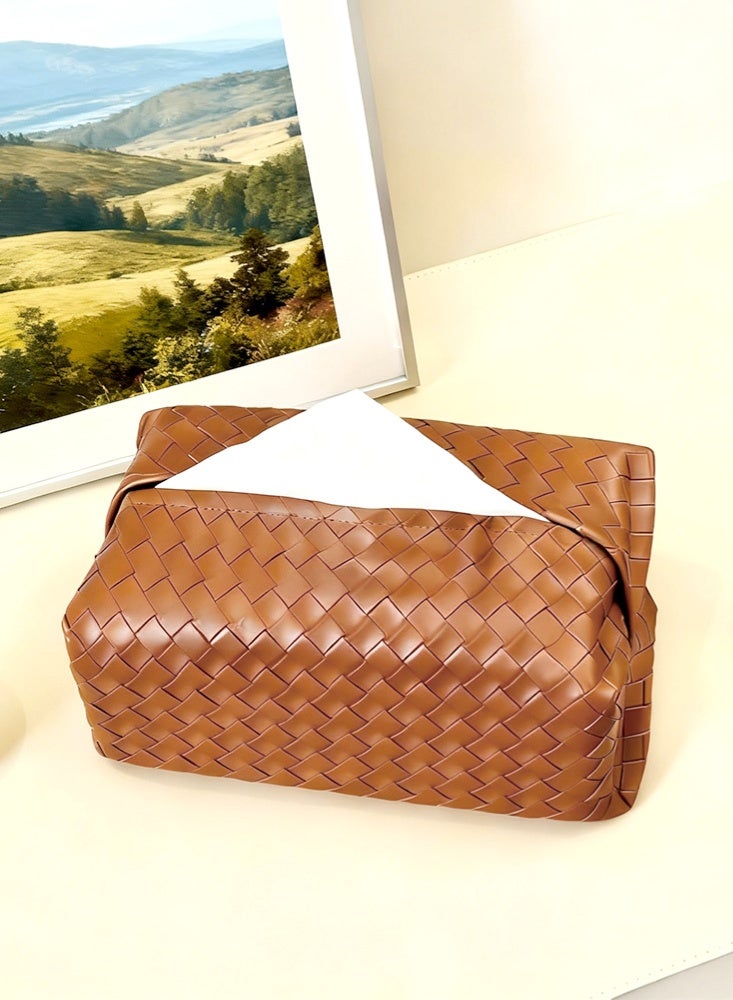 علبة مناديل من جلد صناعي منسوج، غطاء لحامل المناديل مع صينية تنظيم للطاولة في المنزل والمكتب والسيارة والحمّام، لون بني قهوة - Image 3