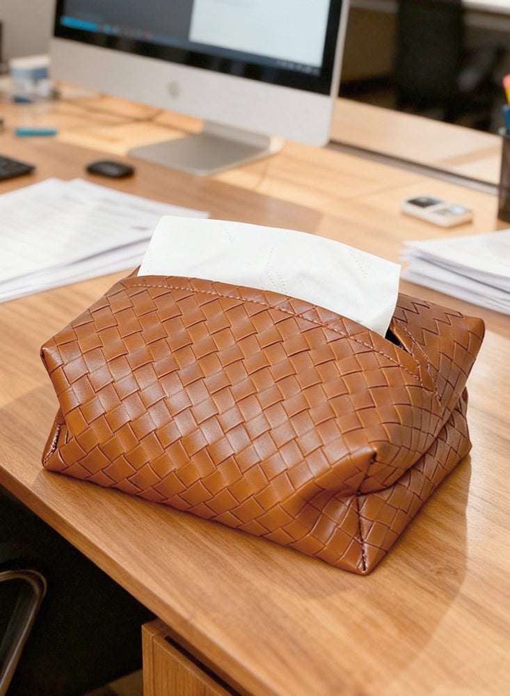 علبة مناديل من جلد صناعي منسوج، غطاء لحامل المناديل مع صينية تنظيم للطاولة في المنزل والمكتب والسيارة والحمّام، لون بني قهوة - Image 4