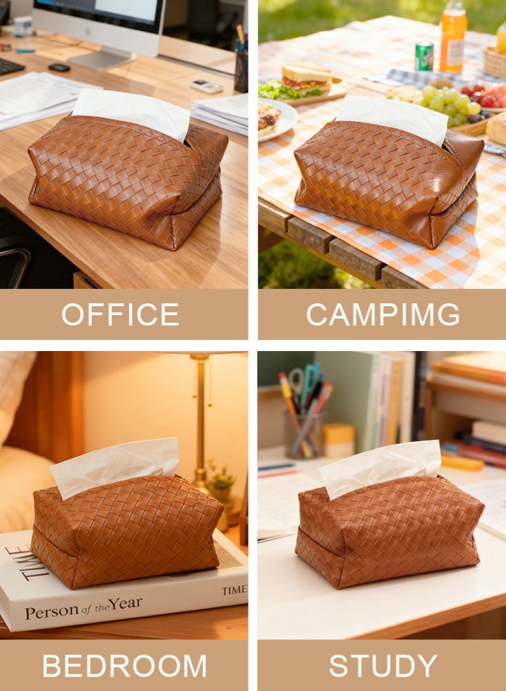 علبة مناديل من جلد صناعي منسوج، غطاء لحامل المناديل مع صينية تنظيم للطاولة في المنزل والمكتب والسيارة والحمّام، لون بني قهوة - Image 5