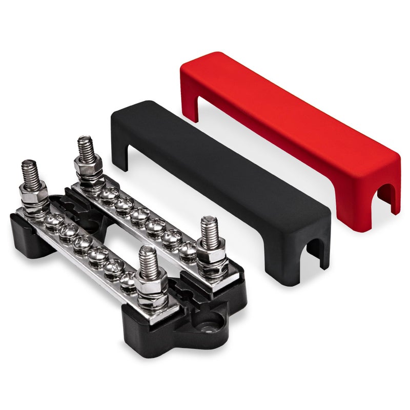 ONLINE LED STORE 4" Ground/Power Distribution Terminal Block Battery Bus Bar Set [Max. 300V AC/48V DC] Negative/Positive Insulated Busbar for Auto Marine Car Trailer RV Boat - Black/Red