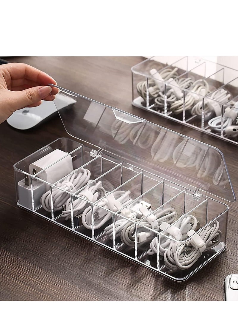 DMG TECH Plastic Cable Management Box Data Cable Storage Box Tranarent Power Cord Organizer With 8 Compartments And 10 Pieces Rubber Ties Es Organizer For Office Home Use  - Image 1