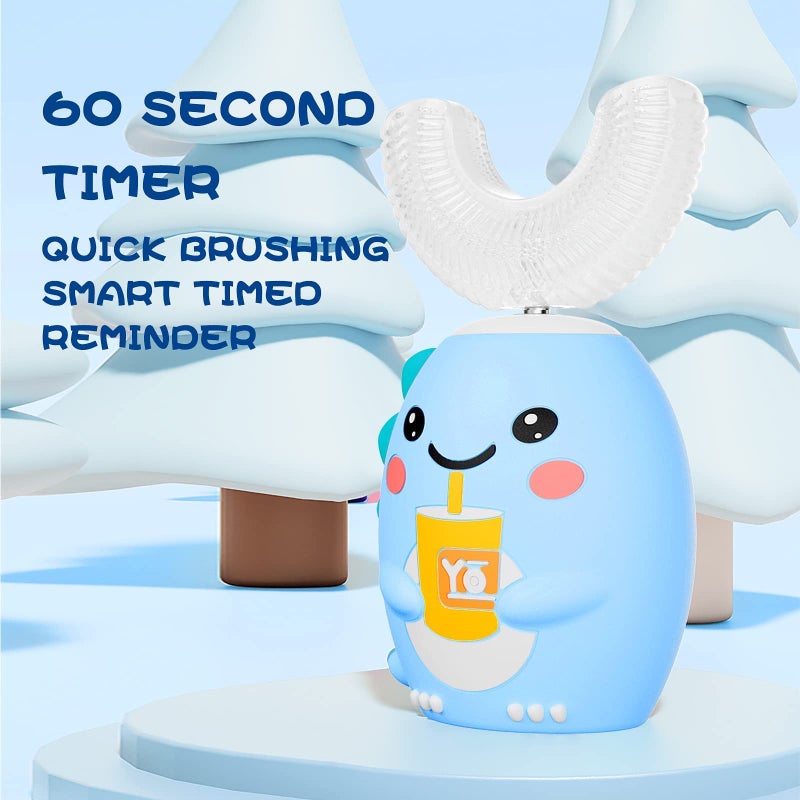 DYCROL Kids U Shaped Electric Toothbrush with 4 Brush Heads, Sonic Toothbrush Kids with 5 Modes, Cartoon Dinosaur 360-Degree Cleaning IPX7 Waterproof Design (2-6 Age (Blue)) - Image 3
