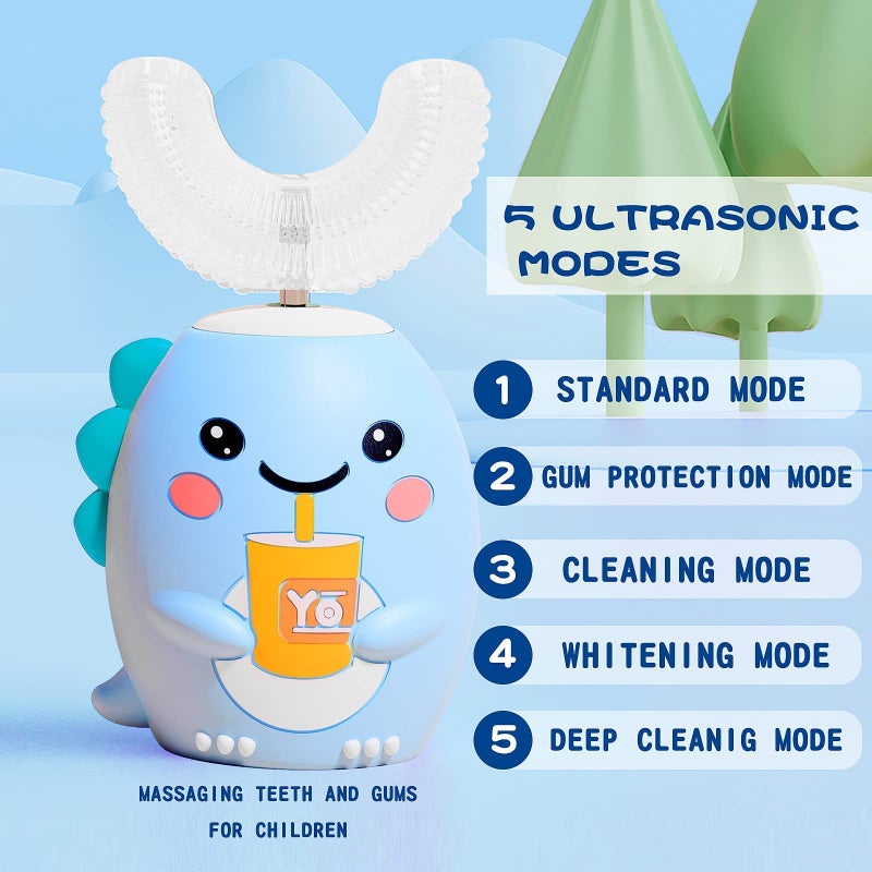 DYCROL Kids U Shaped Electric Toothbrush with 4 Brush Heads, Sonic Toothbrush Kids with 5 Modes, Cartoon Dinosaur 360-Degree Cleaning IPX7 Waterproof Design (2-6 Age (Blue)) - Image 2