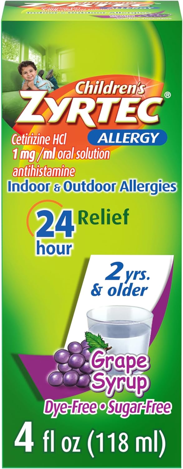 ZYRTEC Zyrtec Children's 24 Hour Allergy Relief Syrup, 5 mg Cetirizine HCl Antihistamine, Kids Allergy Medicine for Indoor & Outdoor Allergy Relief, Dye-Free & Sugar-Free, Grape, 4 fl. oz