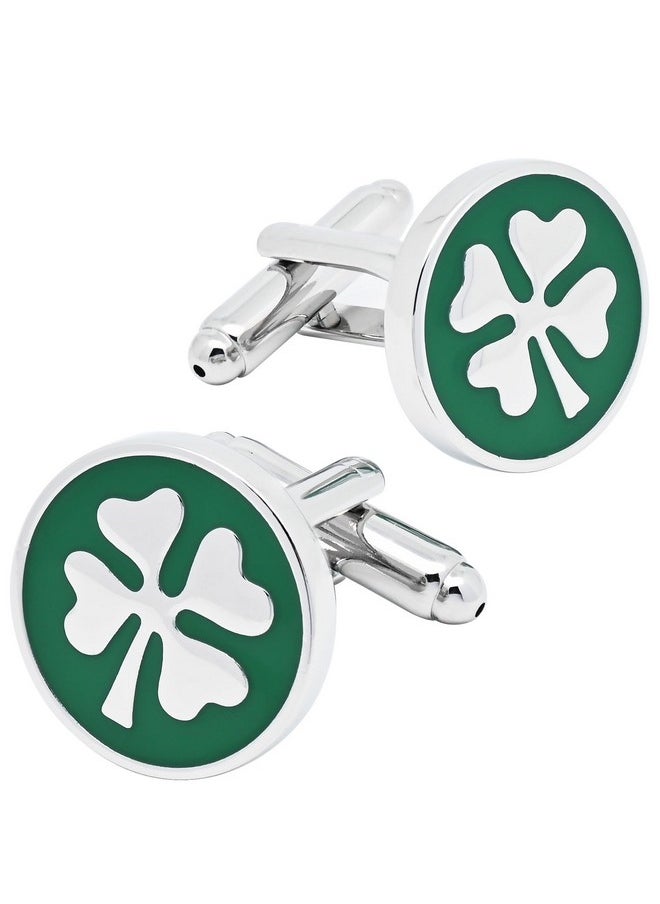 Jonwo Round Four Leaf Clover Pattern Cufflinks For Men Lady In Gift Case Classic Silver Good Luck Men'S Cufflinks Jewelry Set For Wedding Party Anniversary Business Events Tuxedo Dress  - Image 1