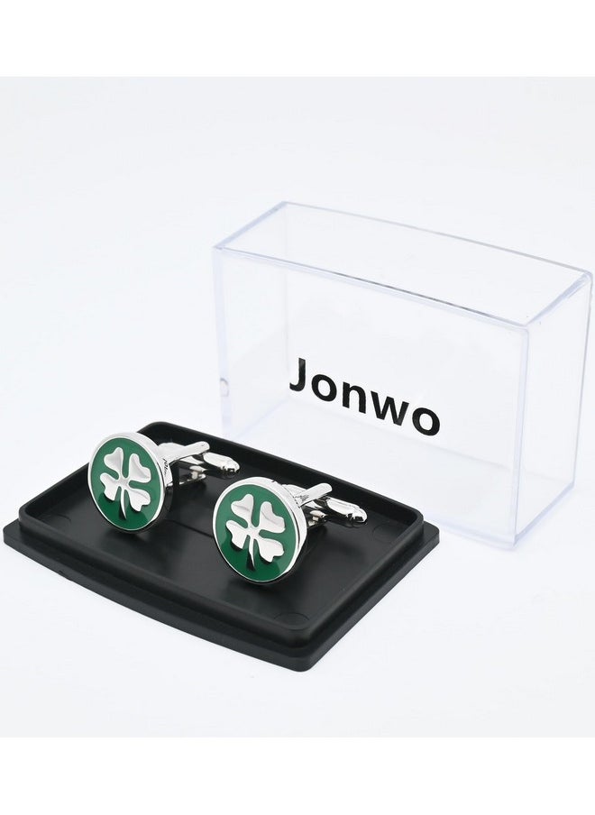 Jonwo Round Four Leaf Clover Pattern Cufflinks For Men Lady In Gift Case Classic Silver Good Luck Men'S Cufflinks Jewelry Set For Wedding Party Anniversary Business Events Tuxedo Dress  - Image 4