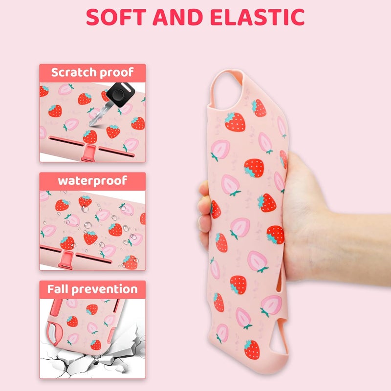 GLDRAM Carrying Case Bundle for Nintendo Switch Lite Case Cute, Pink Travel Case Kit with Soft TPU Cover, Glass Screen Protector, Thumb Grip Caps, Shoulder Strap for Girls, Full Protection(Strawberry) - Image 4