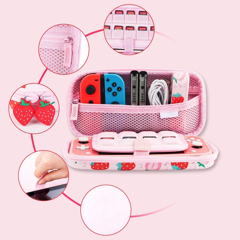 GLDRAM Carrying Case Bundle for Nintendo Switch Lite Case Cute, Pink Travel Case Kit with Soft TPU Cover, Glass Screen Protector, Thumb Grip Caps, Shoulder Strap for Girls, Full Protection(Strawberry) - Image 2