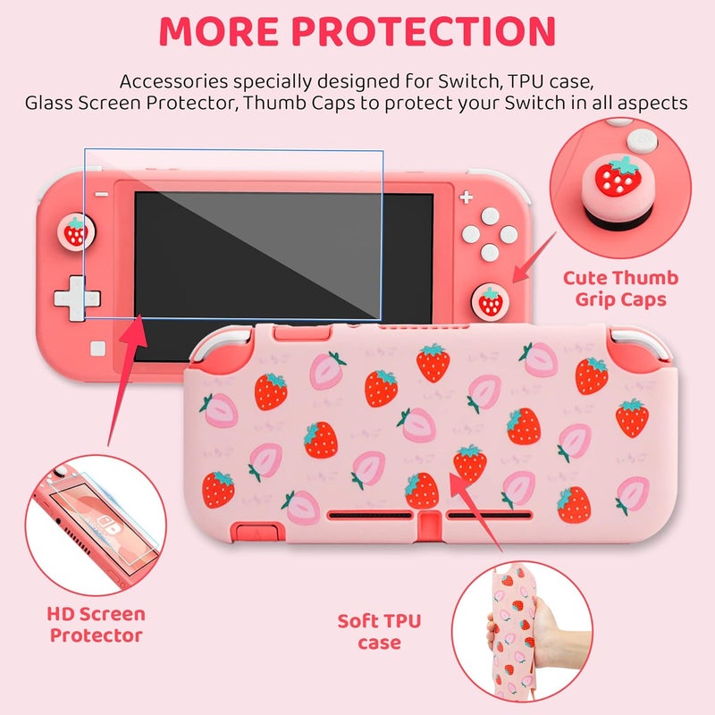 GLDRAM Carrying Case Bundle for Nintendo Switch Lite Case Cute, Pink Travel Case Kit with Soft TPU Cover, Glass Screen Protector, Thumb Grip Caps, Shoulder Strap for Girls, Full Protection(Strawberry) - Image 3