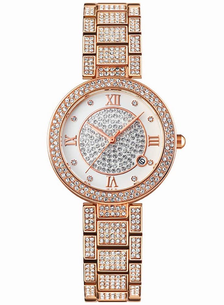 roaiss Women's Steel Strap Quartz Watch Analog Display Round Dial Watches with Full Rhinestone Decoration Waterproof Elegant Gifts for Ladies - Image 1