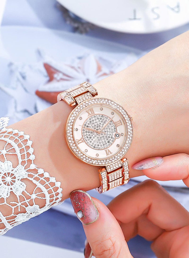 roaiss Women's Steel Strap Quartz Watch Analog Display Round Dial Watches with Full Rhinestone Decoration Waterproof Elegant Gifts for Ladies - Image 2