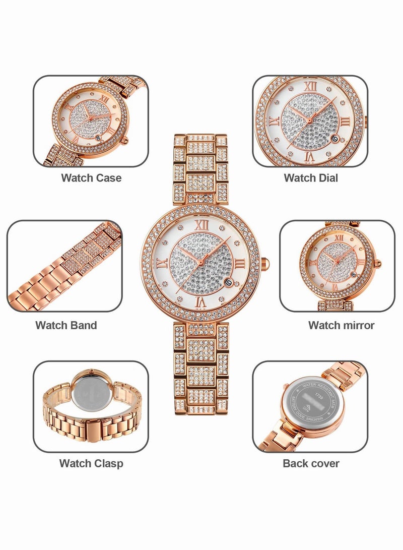roaiss Women's Steel Strap Quartz Watch Analog Display Round Dial Watches with Full Rhinestone Decoration Waterproof Elegant Gifts for Ladies - Image 3