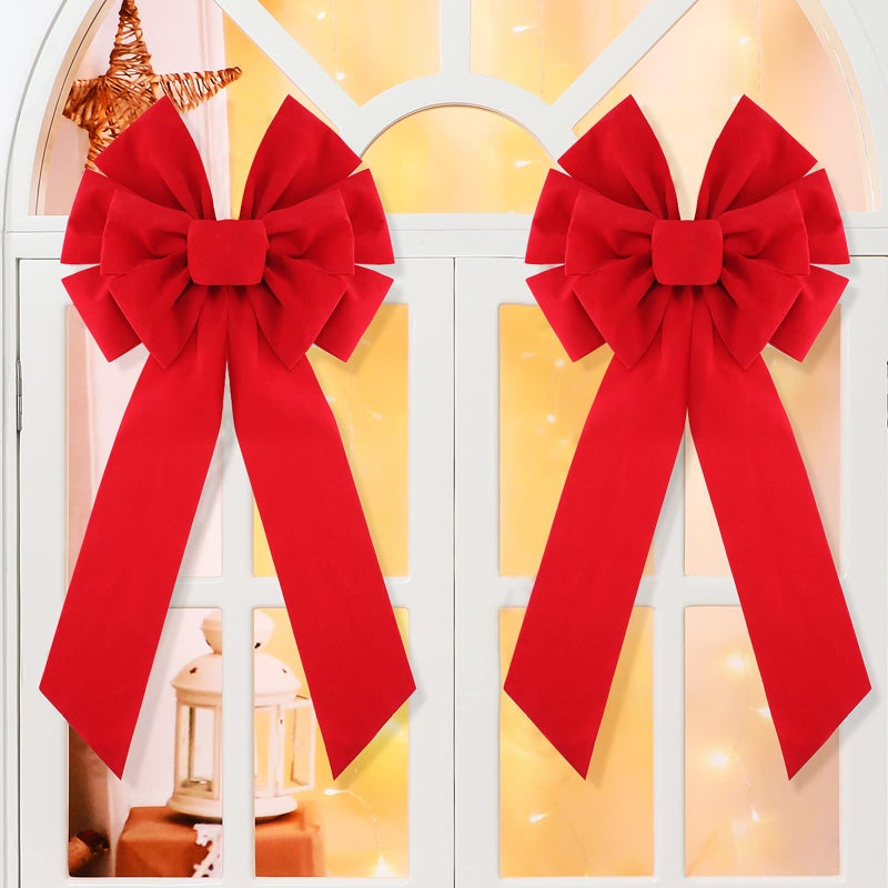 Syhood Large Red Christmas Velvet Bows 13 x 25 Inch Red Velvet Christmas Tree Hanging Bow Holiday Ornaments for Festival Home Xmas Tree Indoor Outdoor Decorations4 Pieces