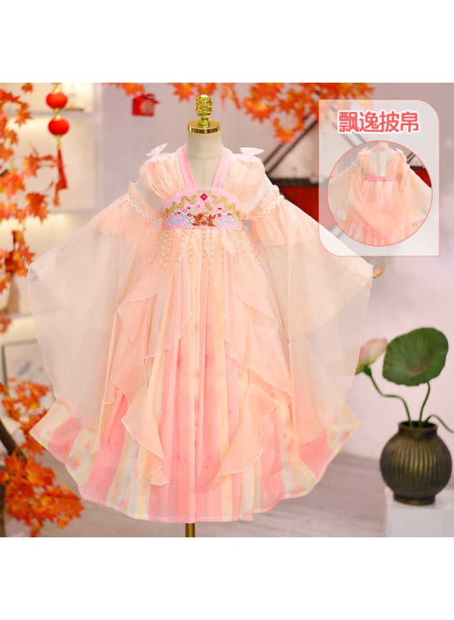 Chinese Style Red And Pink Gradient Girls' Improved Hanfu Dress, New Year's Greeting Outfit, Performance Costume, Children's Ancient Style Princess Hanfu
