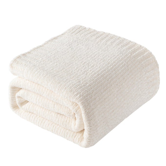 WHITE THROW BLANKET FARMHOUSE CREAM CHENILLE KNIT BLANKET FOR BED SOFA HOME DECOR 51X67 IVORY