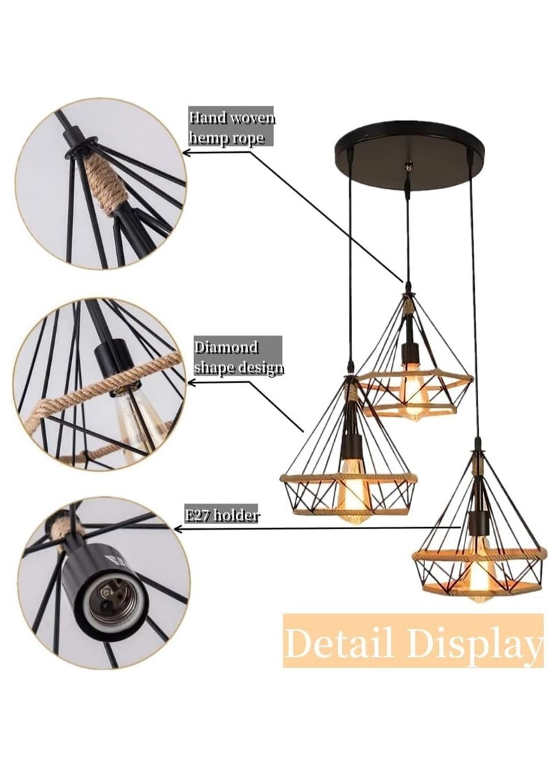 3-Light Farmhouse Hemp Rope Chandelier, Vintage Ceiling Lighting Lamp, Industrial Pendant Light Fixture for Kitchen Island Living Room Dining Room Bedroom ,2PC,PACK ( WITHOUT LAMP )  - Image 4