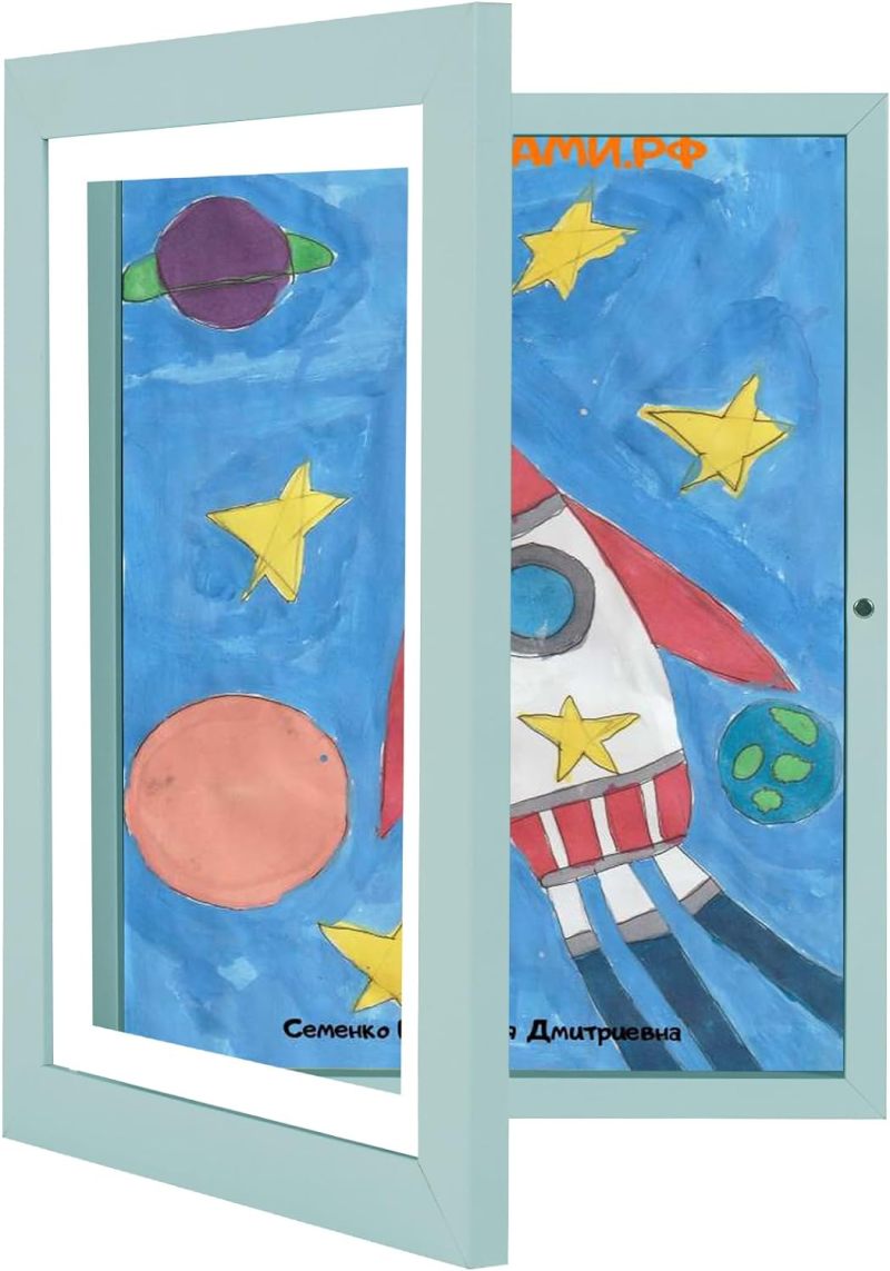 Kids Artwork Frame 2-Pack 10x12.5 Black Changeable Front Opening Display Kids Picture Frames - Tiffany Blue Premium MDF Frame for Children Drawing Crafts - Image 2