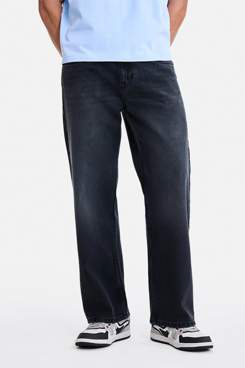 SNITCH Charcoal Grey Solid Loose Fit Streetwear Jeans