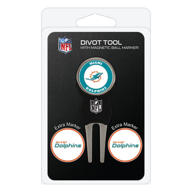 Team Golf NFL Miami Dolphins Divot Tool Pack With 3 Golf Ball Markers Divot Tool with 3 Golf Ball Markers Pack, Markers are Removable Magnetic Double-Sided Enamel