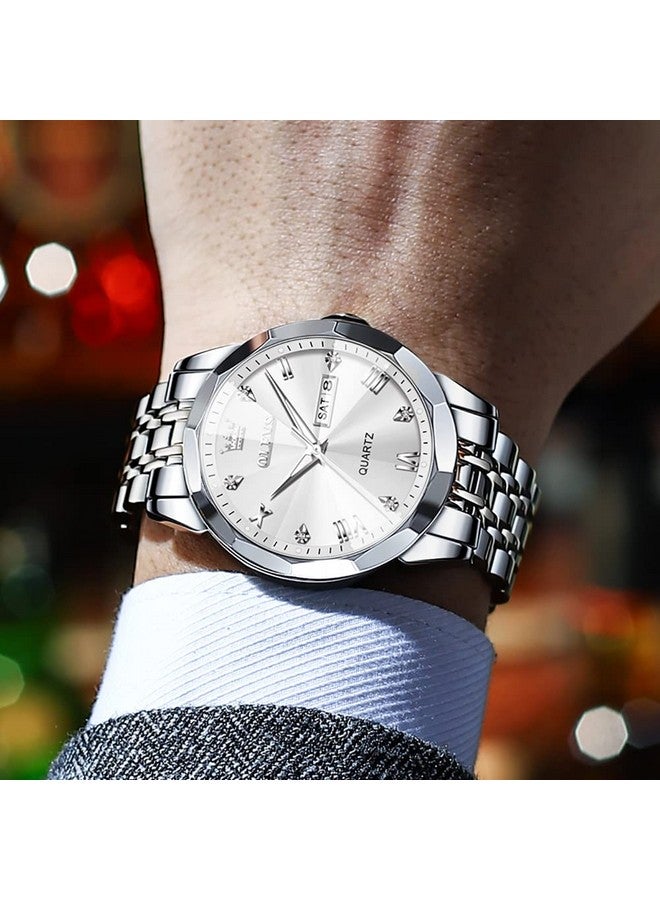 OLEVS Watch for Men Analog Quartz Dress Diamond Business Watches Stainless Steel Waterproof Luminous Date Luxury Wrist Watch Silver White - Image 4