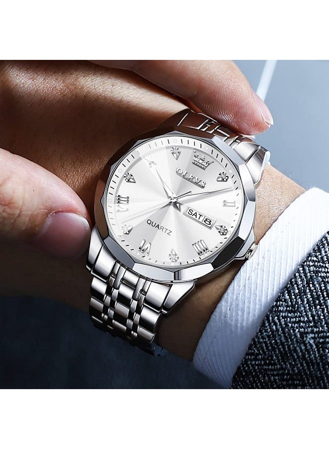OLEVS Watch for Men Analog Quartz Dress Diamond Business Watches Stainless Steel Waterproof Luminous Date Luxury Wrist Watch Silver White - Image 3