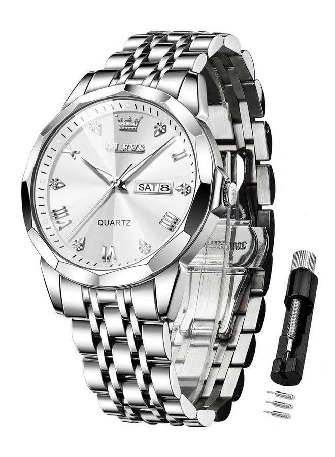 OLEVS Watch for Men Analog Quartz Dress Diamond Business Watches Stainless Steel Waterproof Luminous Date Luxury Wrist Watch Silver White - Image 1