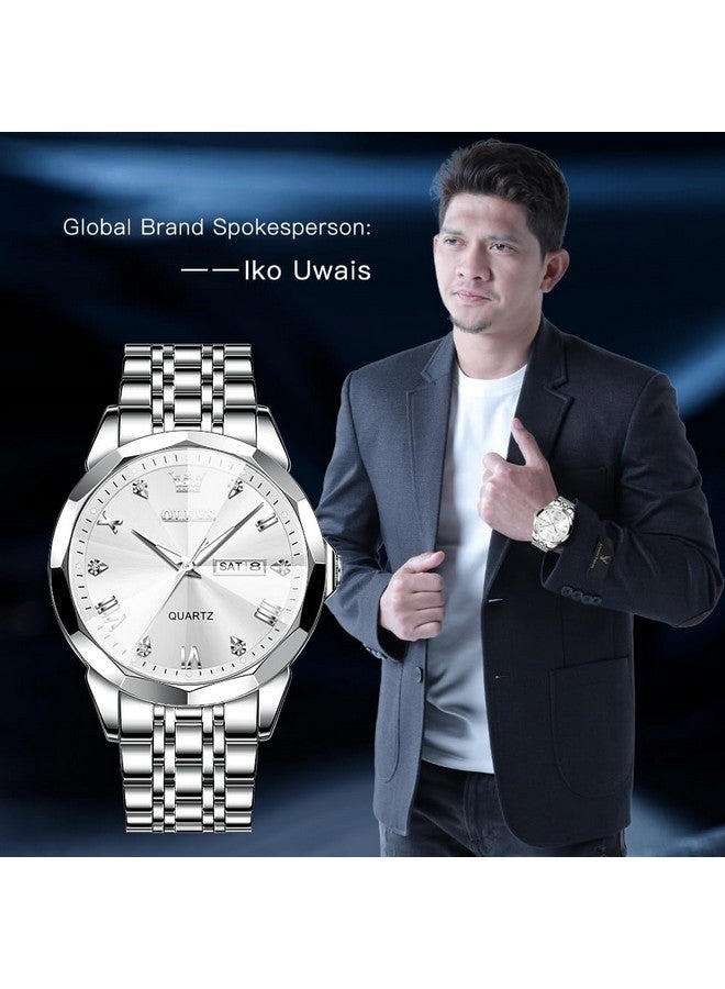 OLEVS Watch for Men Analog Quartz Dress Diamond Business Watches Stainless Steel Waterproof Luminous Date Luxury Wrist Watch Silver White - Image 2