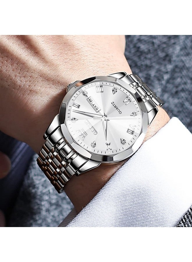 OLEVS Watch for Men Analog Quartz Dress Diamond Business Watches Stainless Steel Waterproof Luminous Date Luxury Wrist Watch Silver White - Image 5
