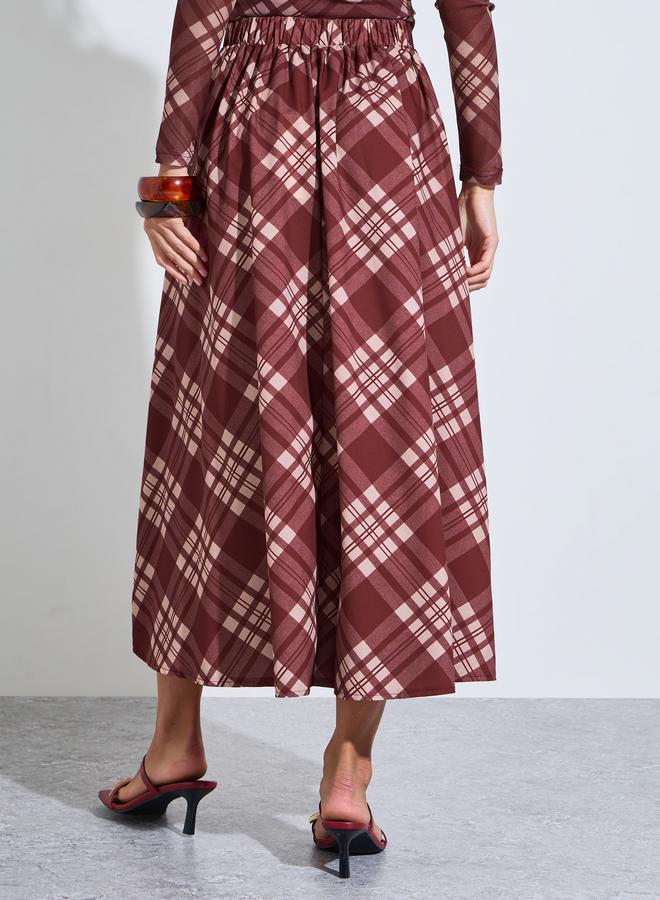 Styli Burgundy Checked A-Line Midi Skirt - Image 4