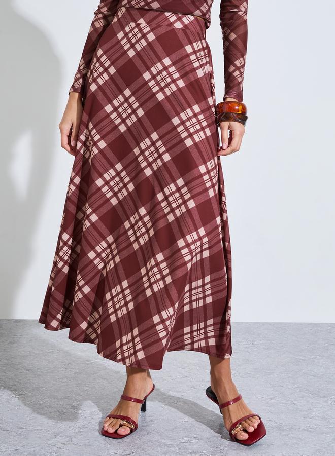 Styli Burgundy Checked A-Line Midi Skirt - Image 1