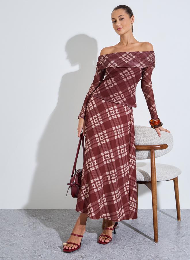 Styli Burgundy Checked A-Line Midi Skirt - Image 2