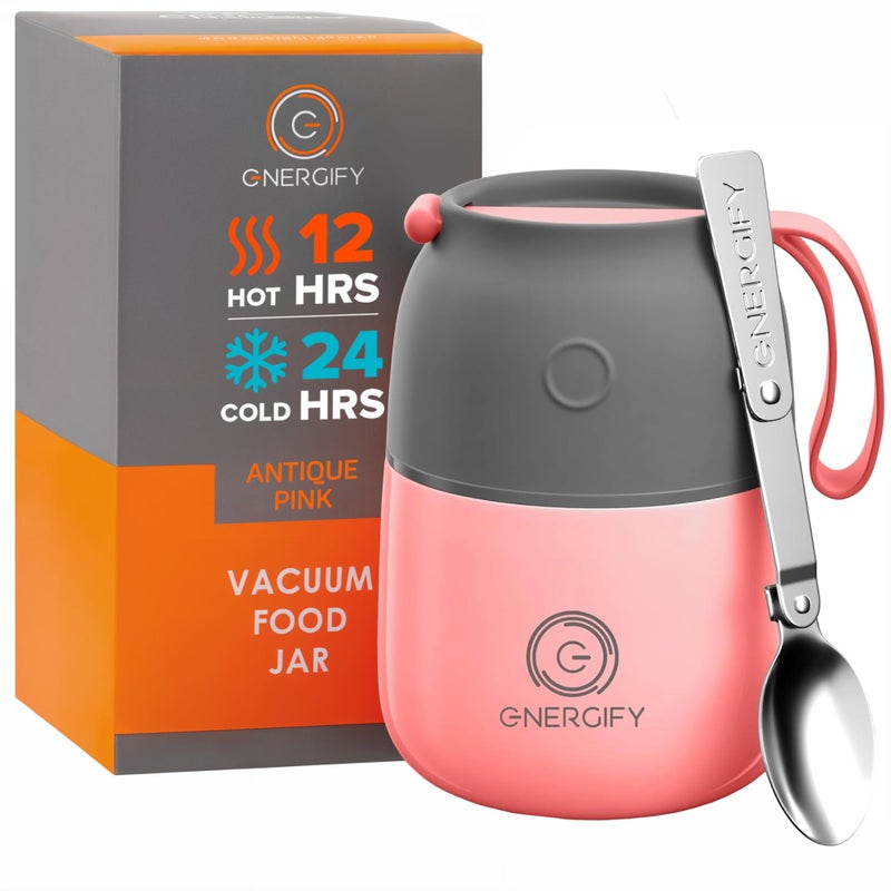 ENERGIFY Vacuum Insulated Food Jar. Large 12oz Bowl incl. Folding Spoon, Cup. Wide Mouth Keep Hot & Cold Drinks Soup thermo Lunch Container for Adults. BPA-Free Stainless Steel, Leak Proof Antique Pink - Image 1