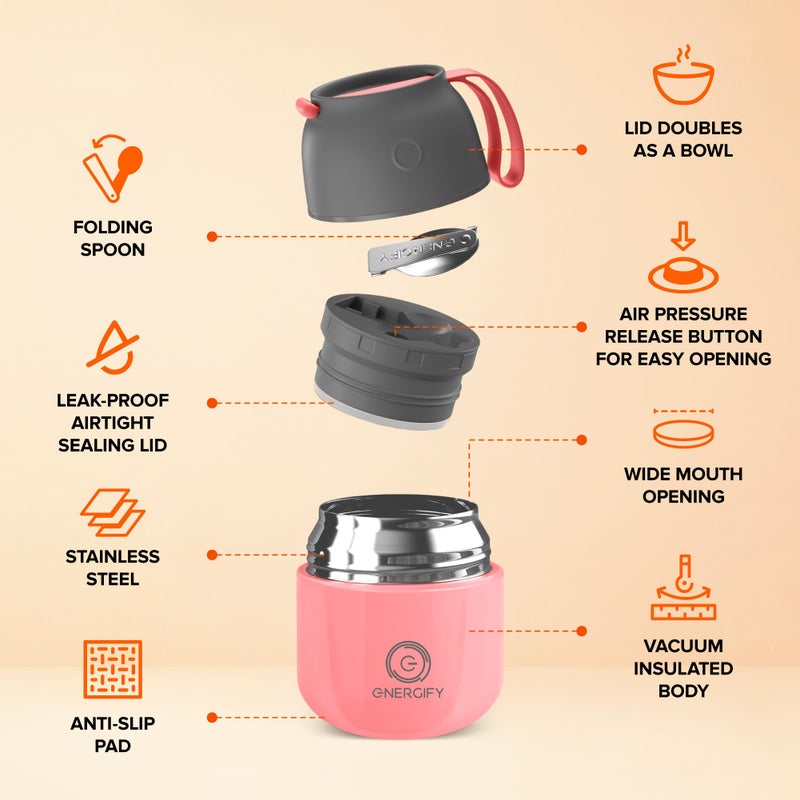 ENERGIFY Vacuum Insulated Food Jar. Large 12oz Bowl incl. Folding Spoon, Cup. Wide Mouth Keep Hot & Cold Drinks Soup thermo Lunch Container for Adults. BPA-Free Stainless Steel, Leak Proof Antique Pink - Image 2