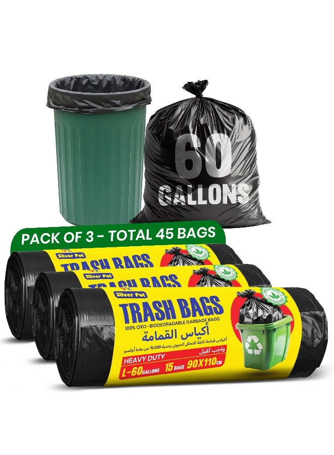 Silver Pot 45pcs 60 Gallons Black Heavy Duty Garbage Bags, Trash Bags, Waste Bags, Bin Bags, Bio-Degradable Disposable Waste Bags, 90 x 110cm - Image 1