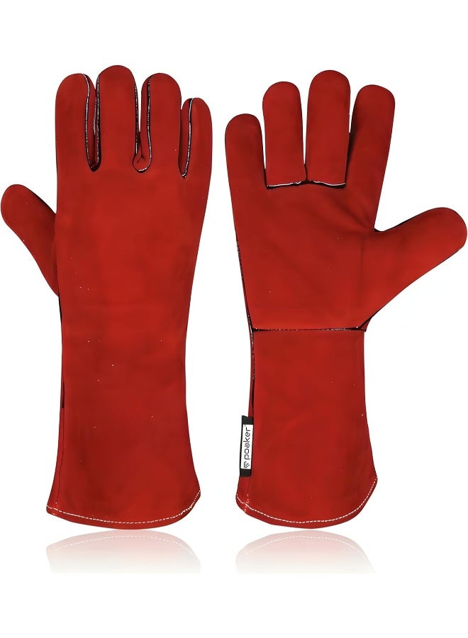 Poaker 15Inch Leather Welding Gloves Heat And Fire Resistant For Mig/Tig/Stick Welding Bbq Fireplace Animal Handling And More Heavy-Duty Cowhide Safety Gloves Red  - Image 1