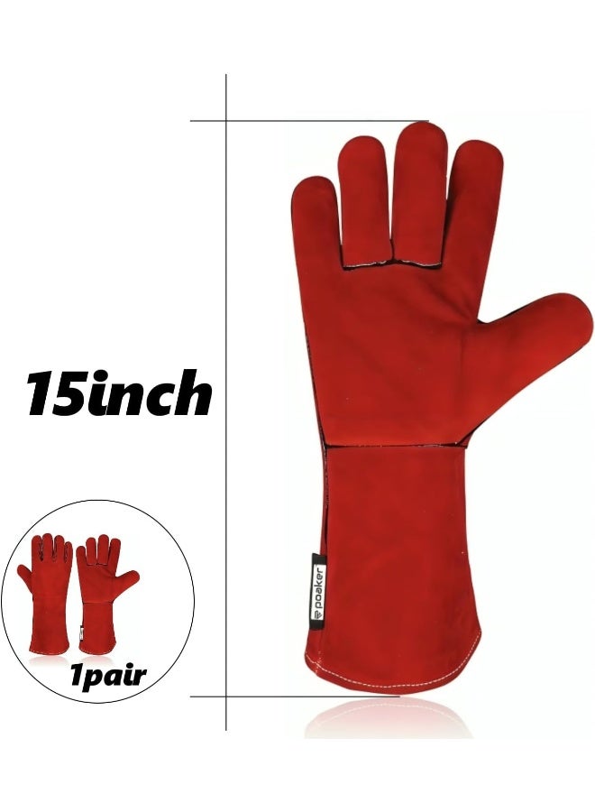Poaker 15Inch Leather Welding Gloves Heat And Fire Resistant For Mig/Tig/Stick Welding Bbq Fireplace Animal Handling And More Heavy-Duty Cowhide Safety Gloves Red  - Image 2
