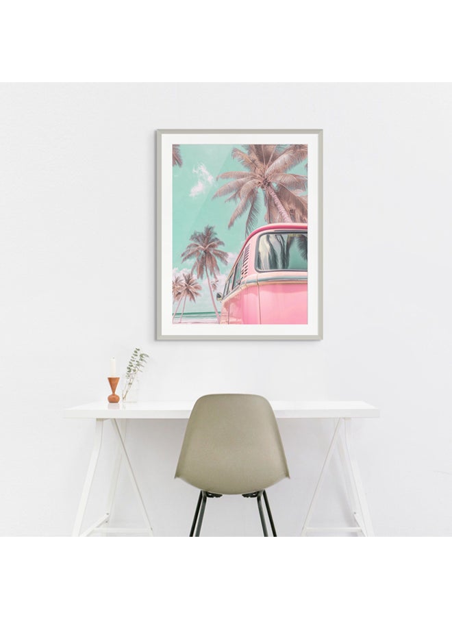 Art Decor - Art Decor Framed Fine Art Pink Vintage Van Portrait Beach with Palm Trees Pastel Aesthetic Coastal Print with Matt Board Wall Décor for Living Room Bedroom Home Office Hotel Gifting - Image 1