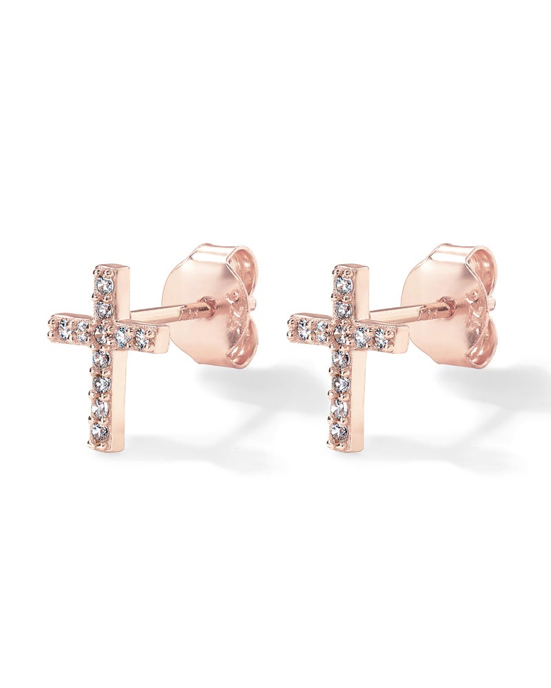 PAVOI 14K Rose Gold Plated Sterling Silver Earrings | Pave CZ Rose Gold Cross Earrings for Women - Image 3