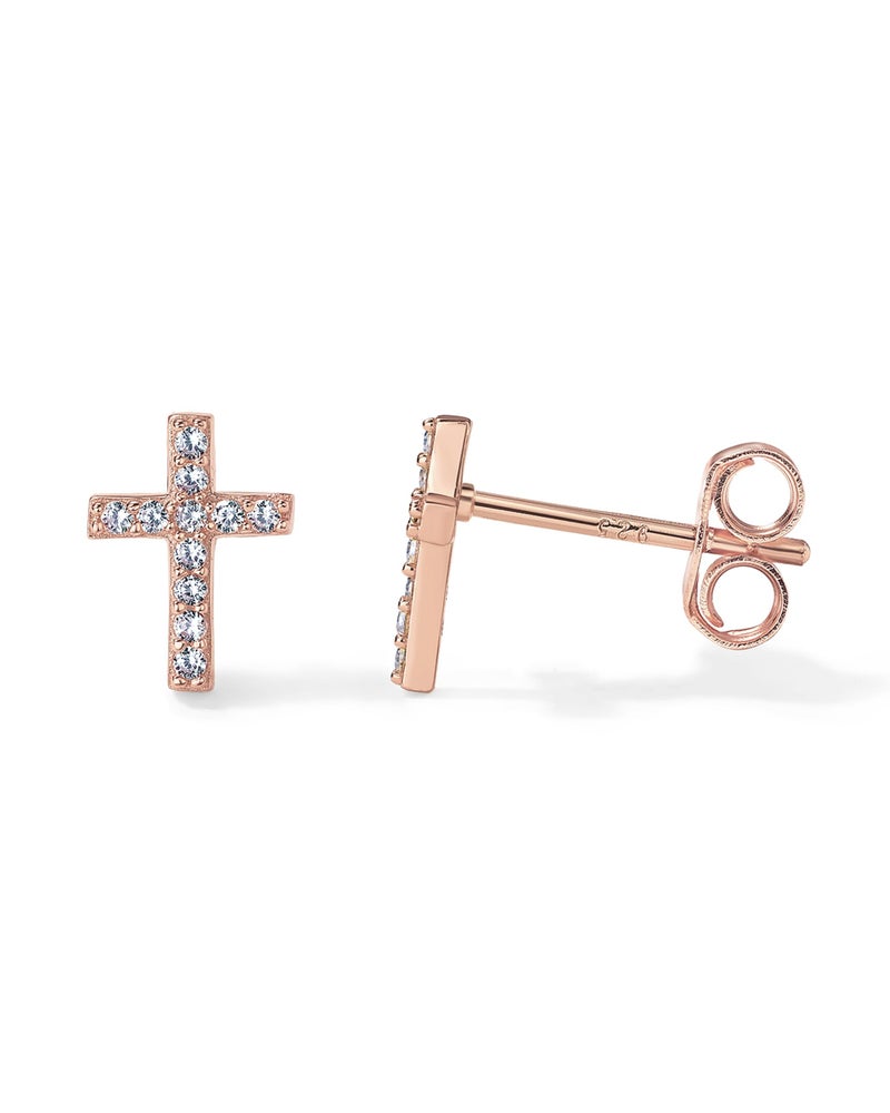 PAVOI 14K Rose Gold Plated Sterling Silver Earrings | Pave CZ Rose Gold Cross Earrings for Women - Image 1