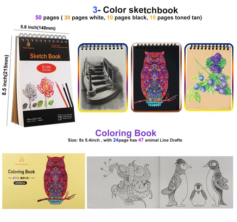 Heshengping, 41pcs Sketching Pencil Set Drawing Sketch Kit Graphite Charcoal Watercolor Pencils Blending Stumps 50page sketchbook, coloring book, Beginners Artist Teens and Adults - Image 2