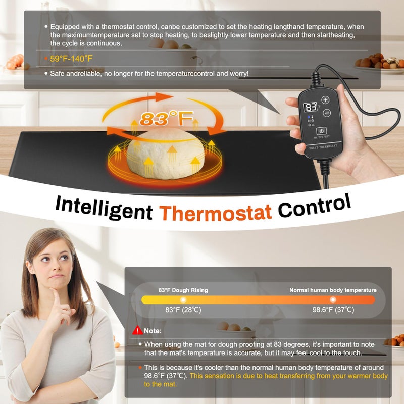 Yendse حصيرة تسخين العجين من العجين المخمر، صندوق تخمير العجين فهرنهايت، 59°F - 140°F حصيرة تسخين قابلة للتعديل لرفع العجين، حصيرة خبز ساخنة للعجين المخمر، حصيرة دافئة للخبز مع سخان بداية العجين المخمر - Image 3