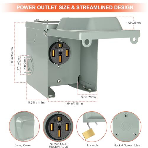 WELLUCK RV Power Outlet Box | 50A 125/250V, NEMA 14-50R Receptacle | Enclosed & Lockable | Weatherproof Plug for Travel Trailer, RV Camper, Generator Temporary Hookup - Image 2